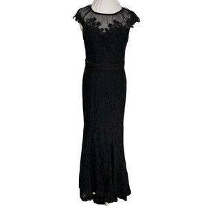 Vintage Starzz Size 10 Black Lace Evening Gown Sheer Embroidered Overlay Satin
